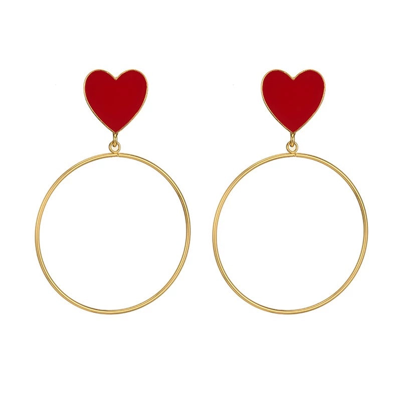 Gold Red Heart Hoop Earrings